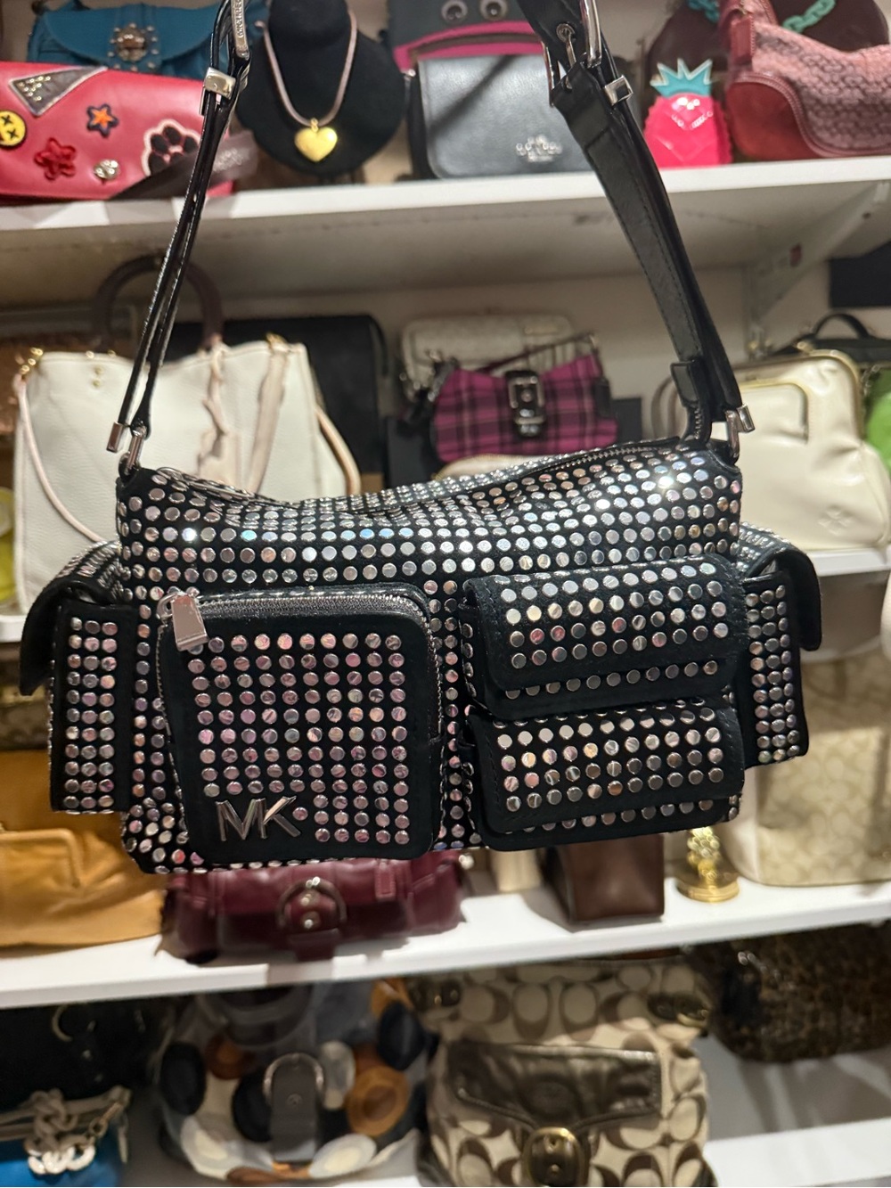 Michael Kors DAKOTA Stud  Black Patent Studded Multi-Pocket Shoulder Bag